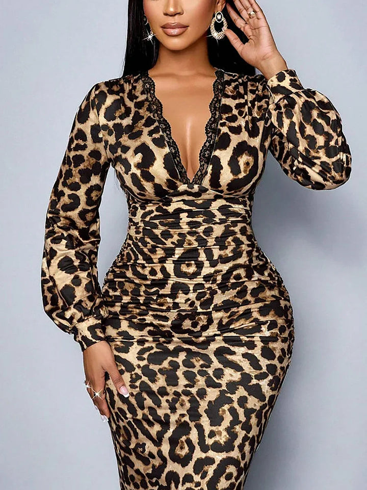 Ysobel - Abito midi in Pizzo con Stampa Leopardata e Scollo a V