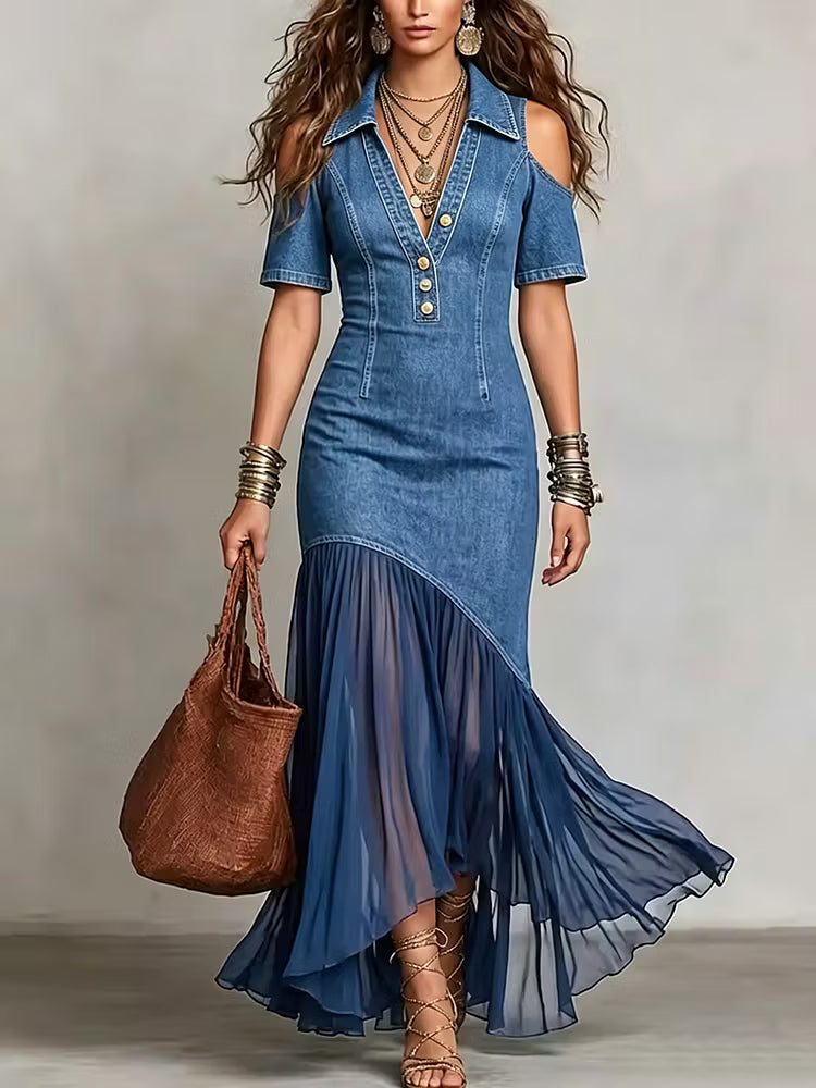 Presley - Abito Lungo in Denim Con Bottoni Decorativi