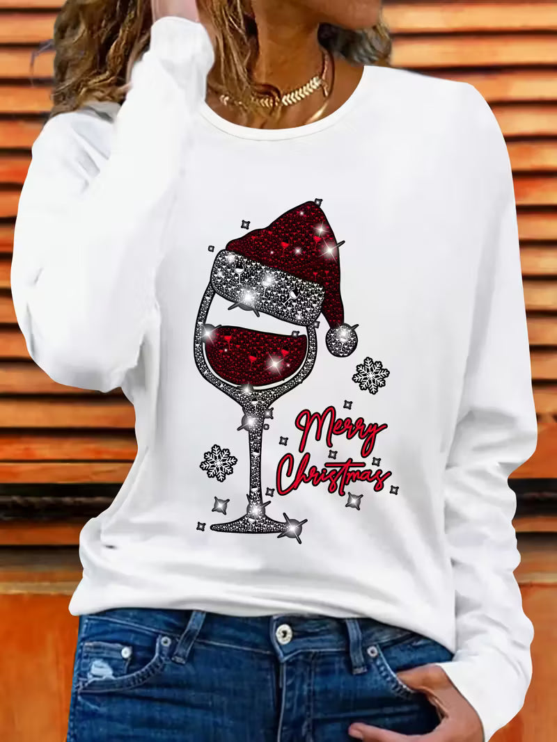 Doreah - Maglione Con Stampa Bicchiere Di Vino Natalizio e Cappello Da Babbo Natale