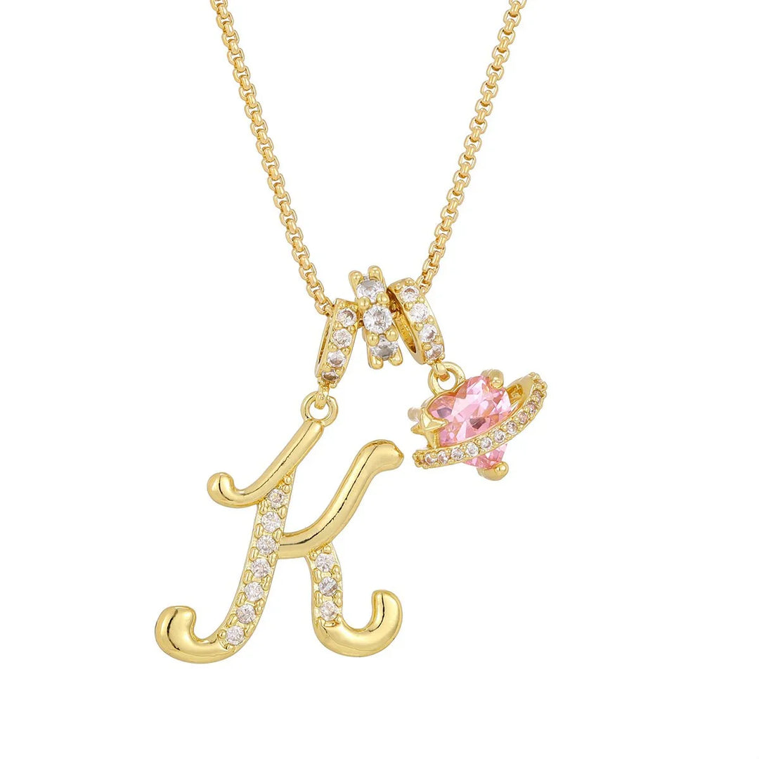 Nerute - Collana Con Iniziale e Ciondolo a Forma di Cuore Rosa