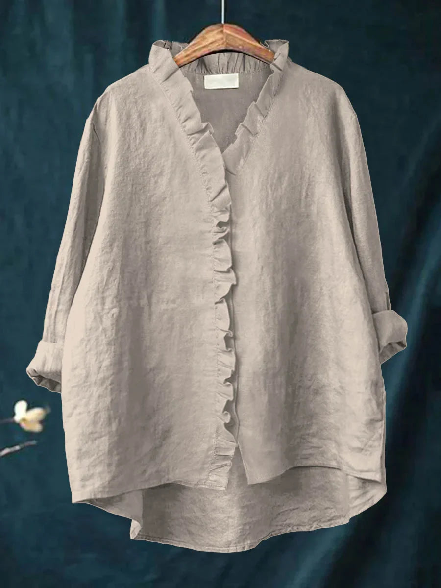 Sanela - Camicia Casual con Volant in Cotone e Lino