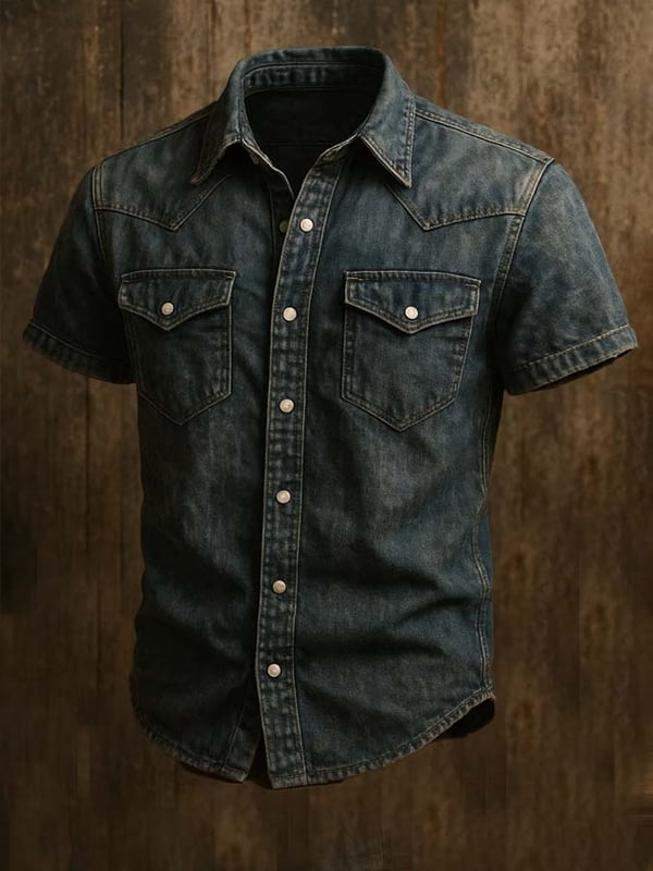 Camicia Vintage Da Uomo In Twill Con Due Tsche e Maniche Corte Dall'Effetto Usato