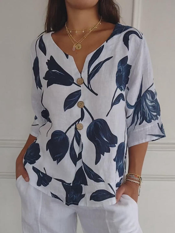 Despoina - Elegante Top Con Stampa Floreale e Bottoni
