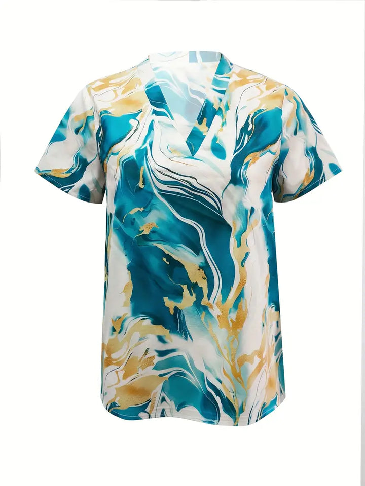 Maroula - Elegante Camicia A Maniche Corte Con Stampa Marmo