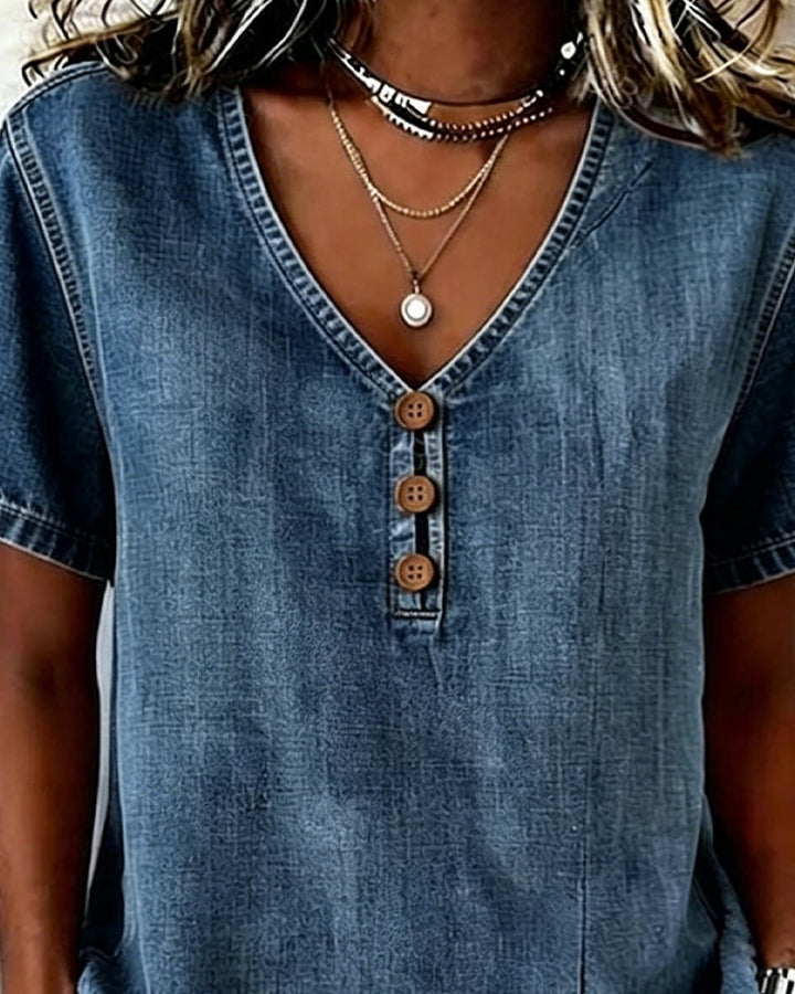 Lyjena - Camicetta In Denim Con Scollo a V e Spacco