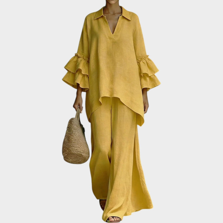 Fien - Elegante Top in Lino E Pantaloni Larghi a Gamba Ampia