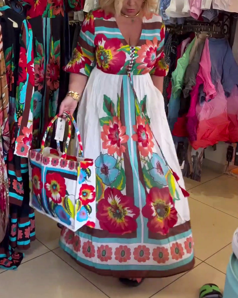 Nerijaa - Abito a Fiori Con Scollo a V Profondo