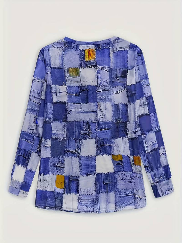 Talya - Top Casual a Maniche Lunghe Con Stampa a Quadri