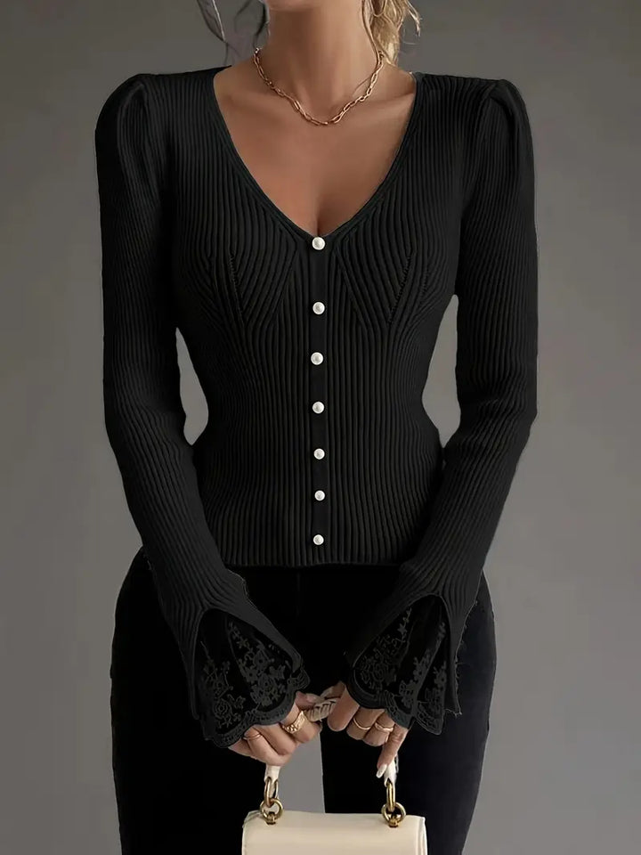 Visenna - Elegante Maglione Con Scollo a V e Maniche in Pizzo
