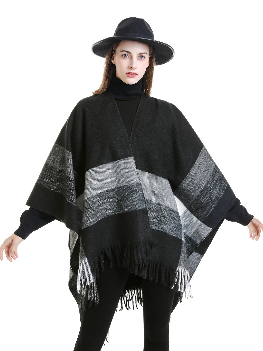 Kyrine - Geometric Pattern Fringed Poncho Shawl Wrap