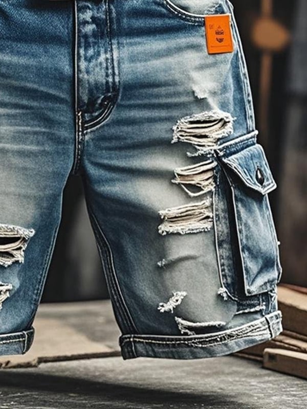 Pantaloncini Funzionali Vintage Da Uomo in Denim Strappato