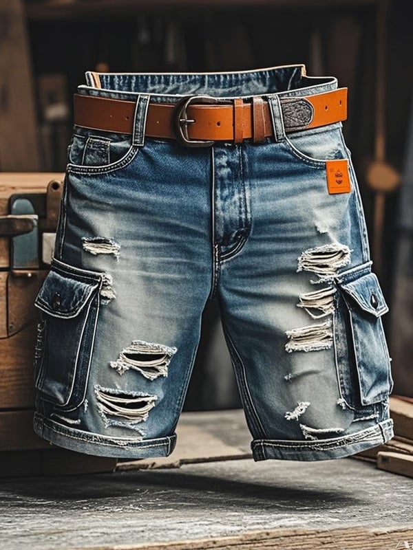 Pantaloncini Funzionali Vintage Da Uomo in Denim Strappato