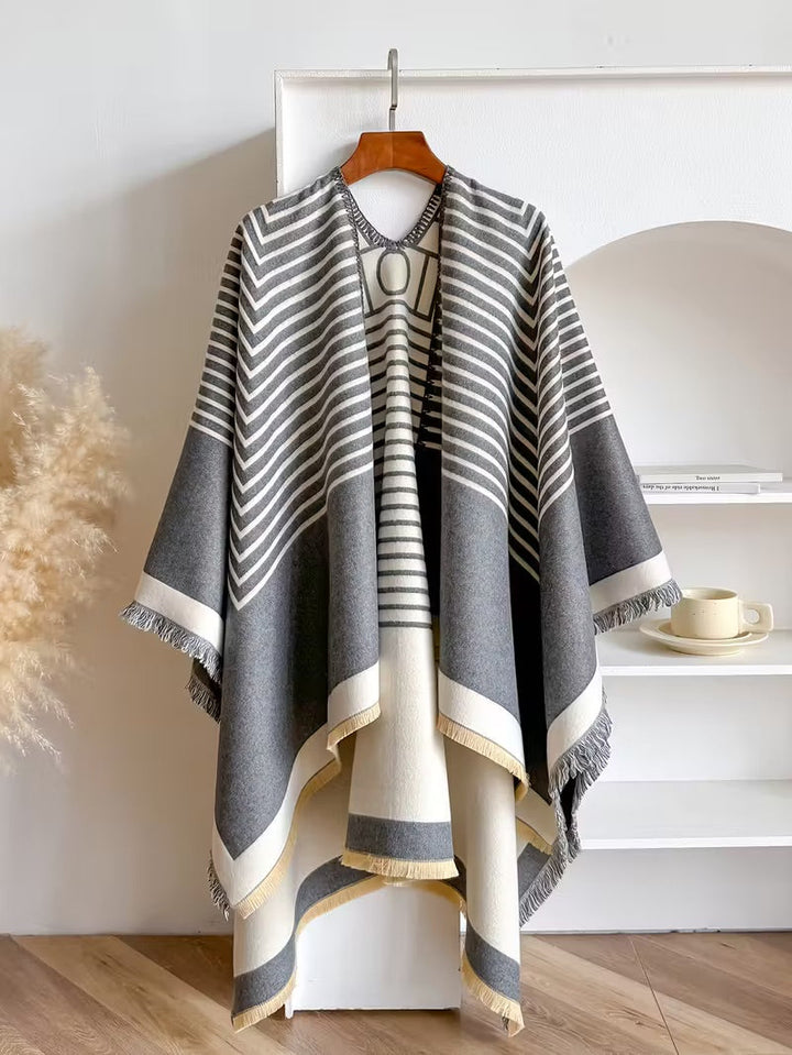 Taisija - Scialle Jacquard a Righe Reversibile In Finto Cashmere