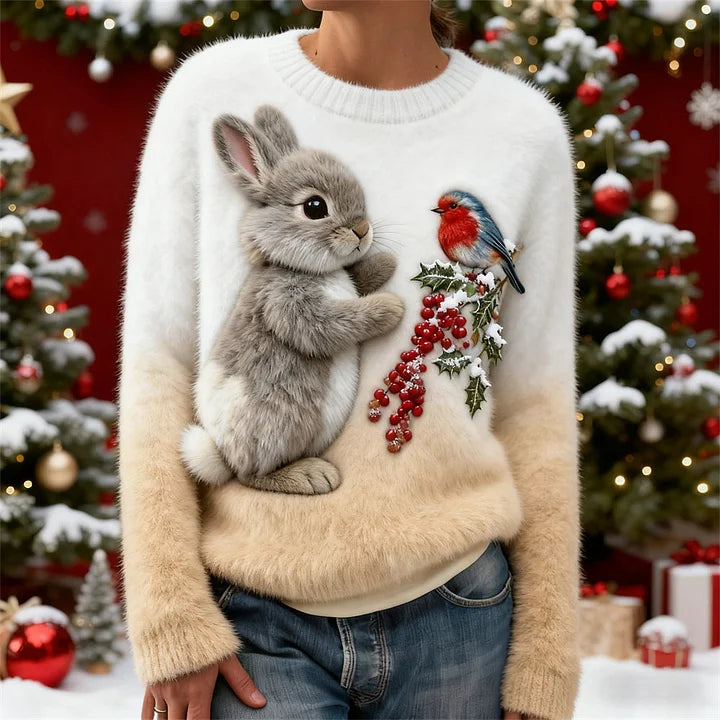 Suzette - Maglione di Peluche Con Coniglio Natalizio