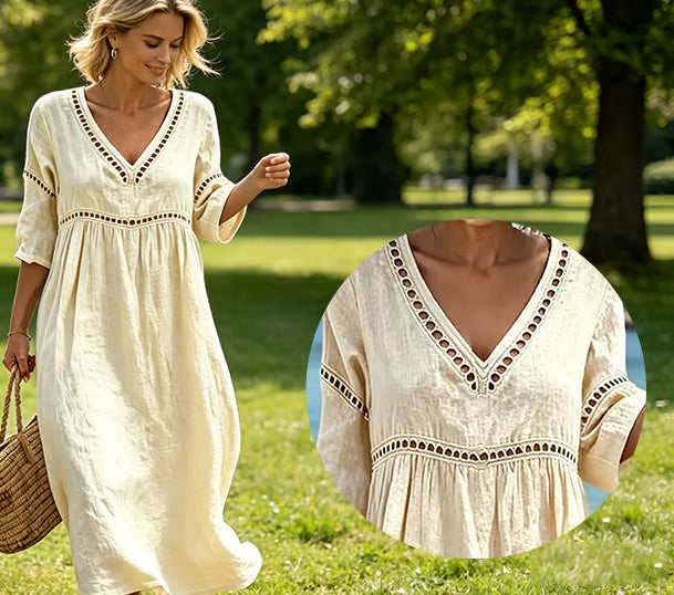 Mikela - Abito Midi Con Scollo a V E Bordi Traforati