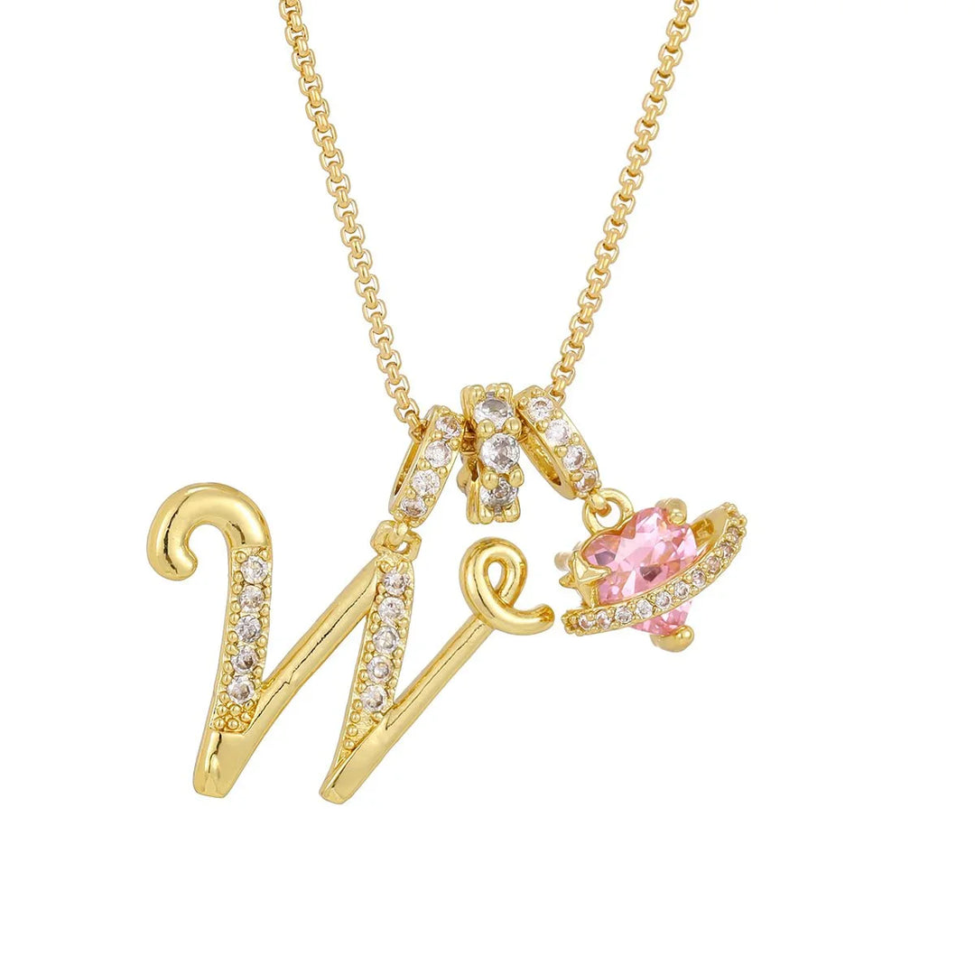 Nerute - Collana Con Iniziale e Ciondolo a Forma di Cuore Rosa