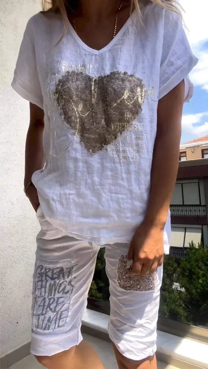 Varessa - Abito Casual a due Pezzi con Scollo a V e Goffratura Dorata