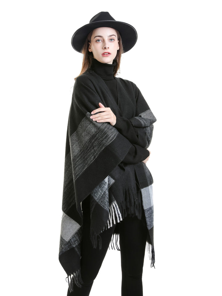 Kyrine - Geometric Pattern Fringed Poncho Shawl Wrap