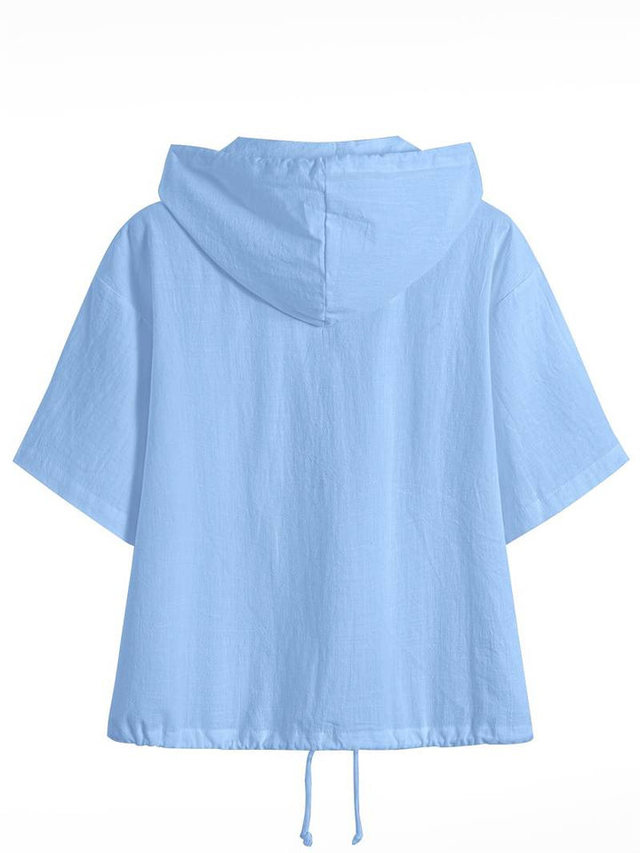 Senushi - Maglia Ampia a Maniche Corte Con Cappuccio e Zip