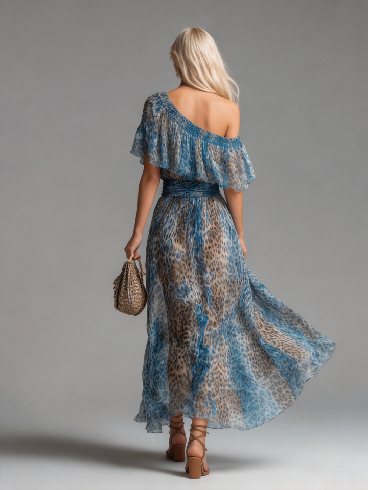 Siania - Abito Con Spalle Scoperte in Chiffon Con Stampa Leopardata