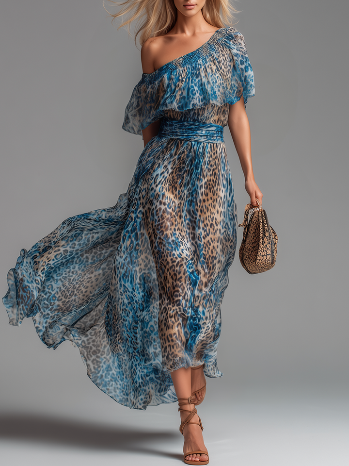 Siania - Abito Con Spalle Scoperte in Chiffon Con Stampa Leopardata