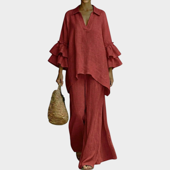 Fien - Elegante Top in Lino E Pantaloni Larghi a Gamba Ampia