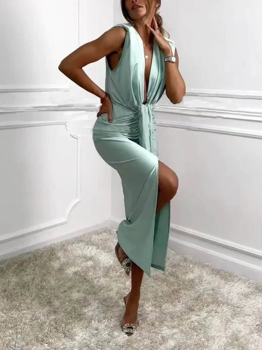Jolira - Abito Midi Classico Con Spacco Drappeggiato Arricciato
