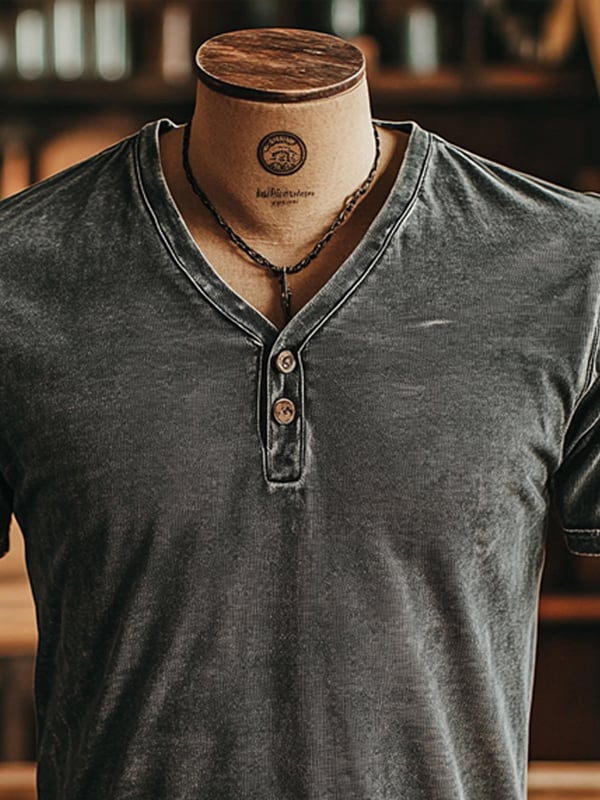 T-Shirt Da Uomo In Stile Vintage Classico Realizzata In Pelle Lavata Con Scollo a V e Abbottonatura Sul Davanti Maniche Corte