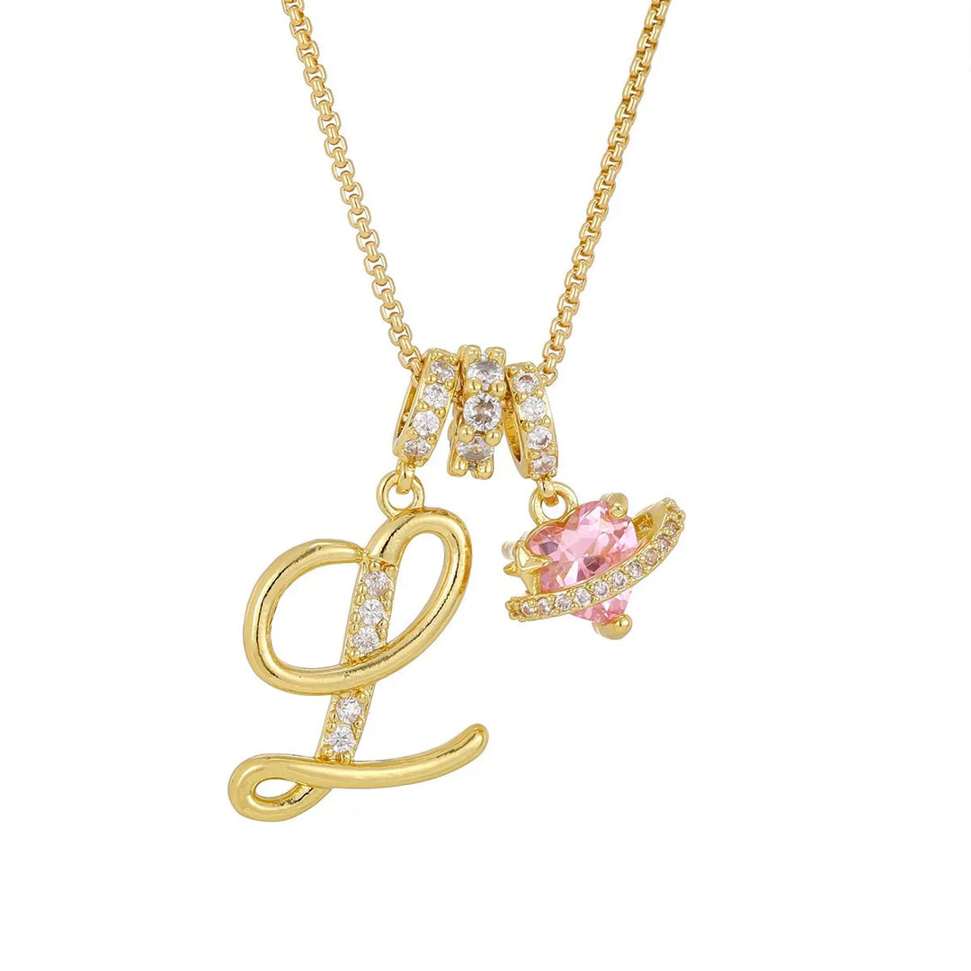 Nerute - Collana Con Iniziale e Ciondolo a Forma di Cuore Rosa