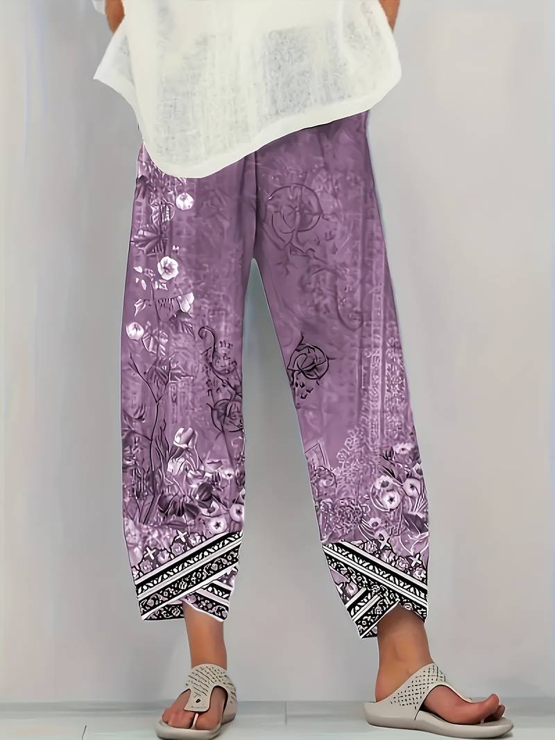 Thimasha - Pantaloni Capri Vintage a Fiori Con Elastico in Vita