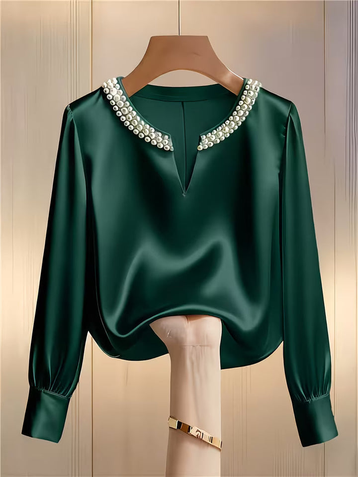 Avinaya - Elegante Camicia a Maniche Lunghe Con Collo Rotondo e Perle