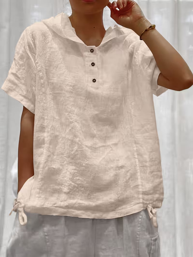 Bouchra - Camicia a Maniche Corte Con Cappuccio in Tinta Unita Dal Taglio Ampio Con Abbottonatura Frontale