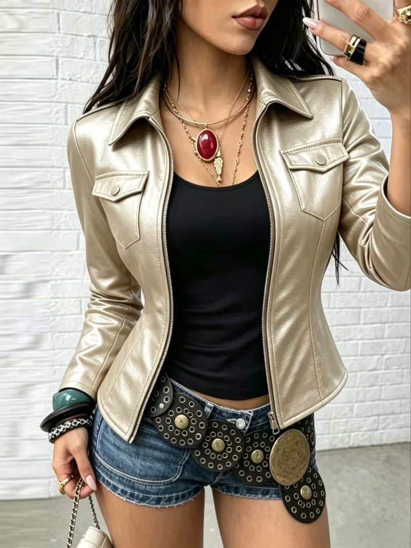 Shiona - Giacca in Pelle Con Tasche Anteriori
