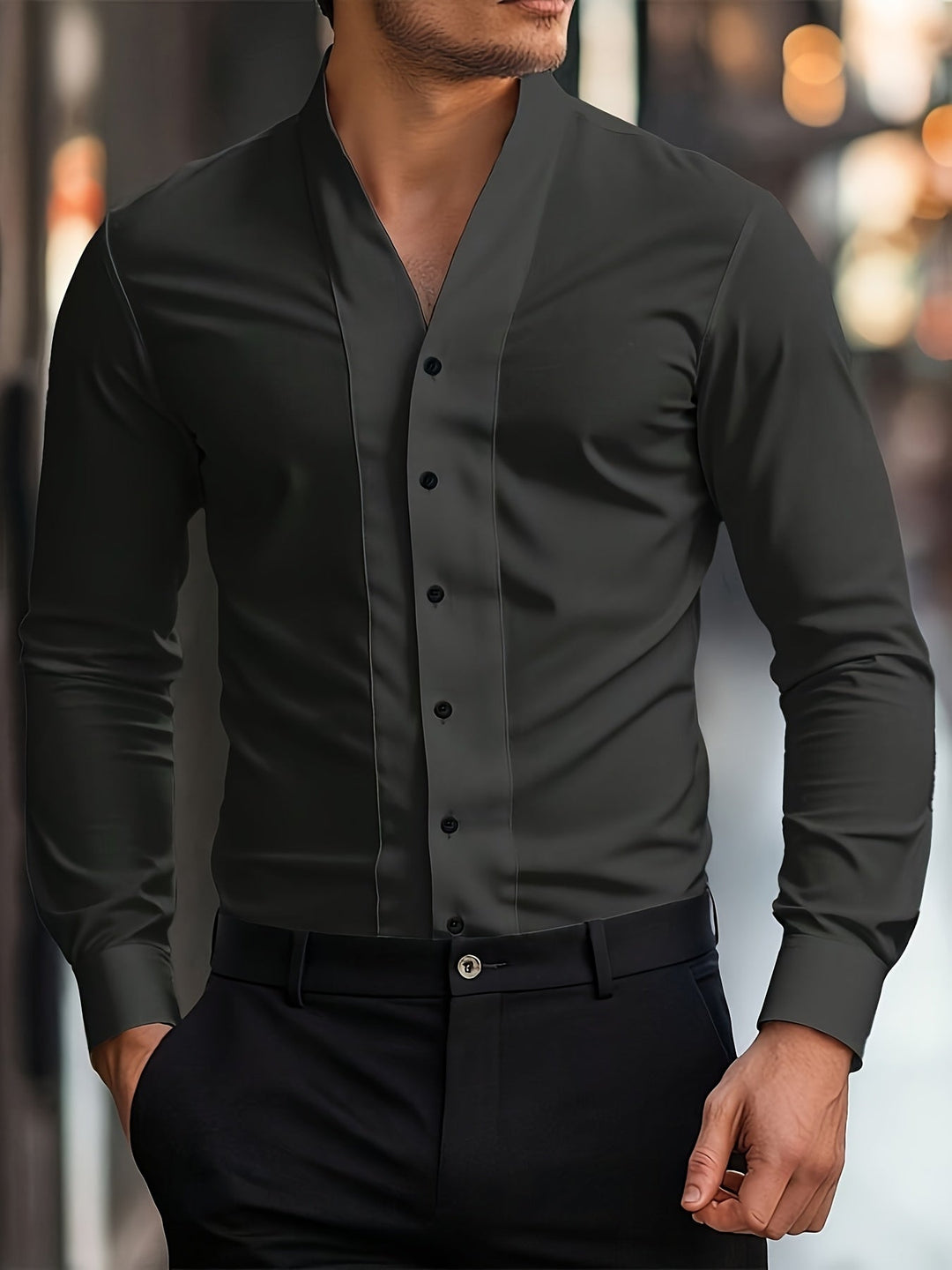 Almasbek - Camicia Slim Fit a Maniche Lunghe Con Scollo a V