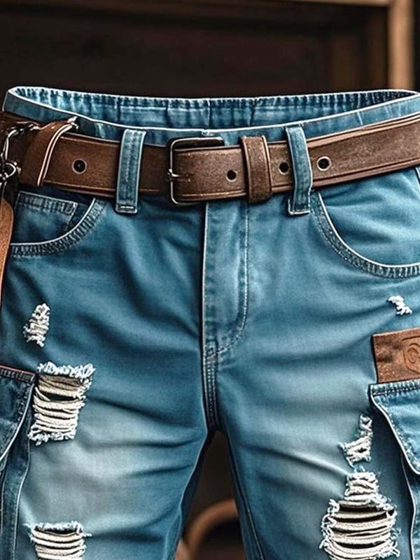 Pantaloncini Funzionali Vintage da Uomo in Denim Strappato