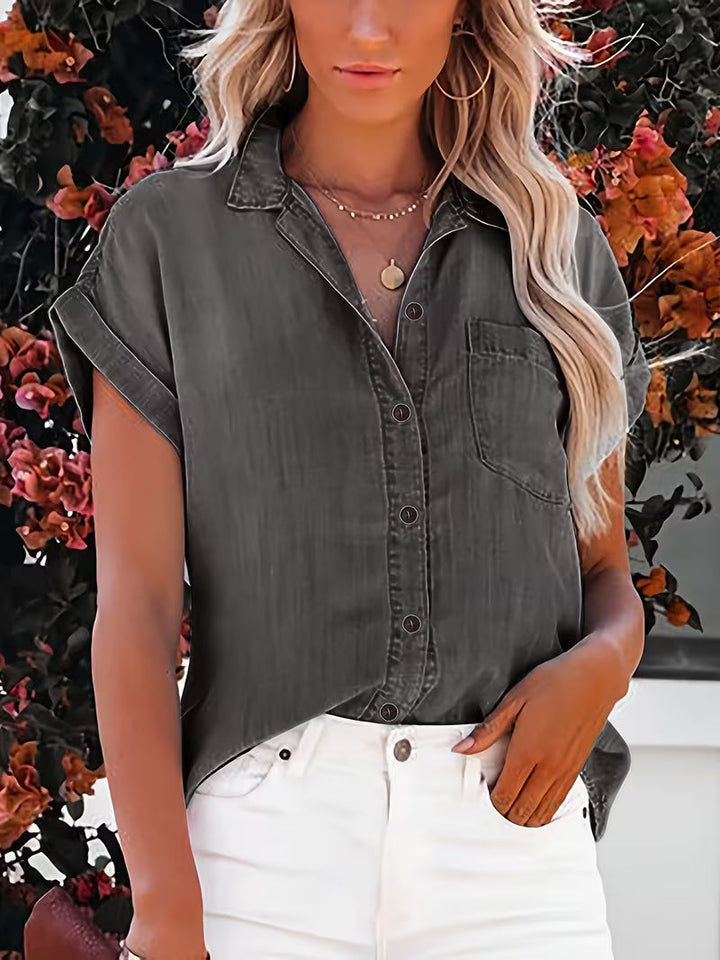 Kader - Camicia in Denim a Maniche Corte Con Bottoni, Dal Taglio Comodo