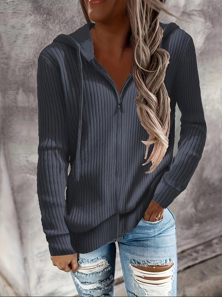 Bibigul - Loose Fit Long Sleeve Ribbed Hooded Cardigan