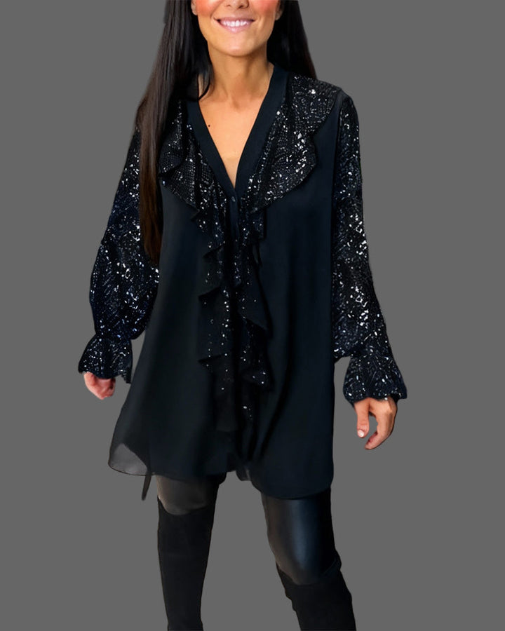 Moxie - Camicetta con Volant e Paillettes Scintillanti con Scollo a V