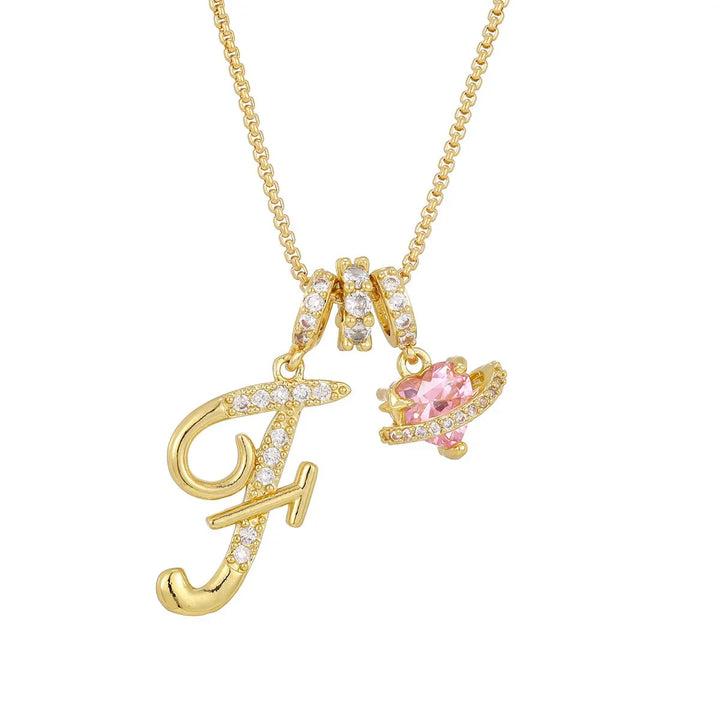 Nerute - Collana Con Iniziale e Ciondolo a Forma di Cuore Rosa