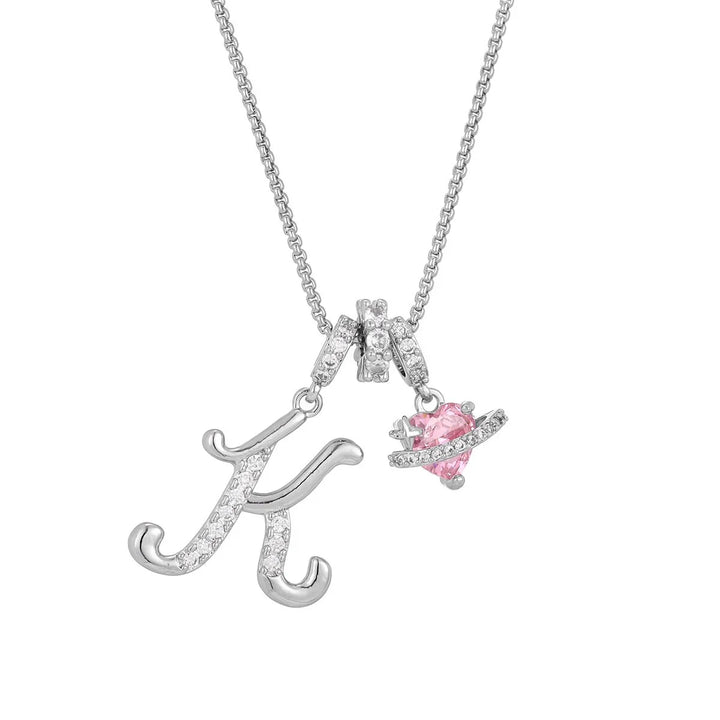 Nerute - Collana Con Iniziale e Ciondolo a Forma di Cuore Rosa