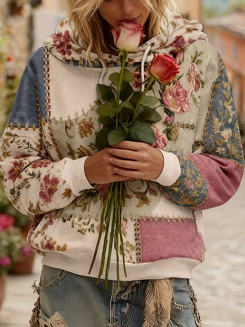 Norella - Felpa Con Cappuccio a Maniche Lunghe in Patchwork Floreale