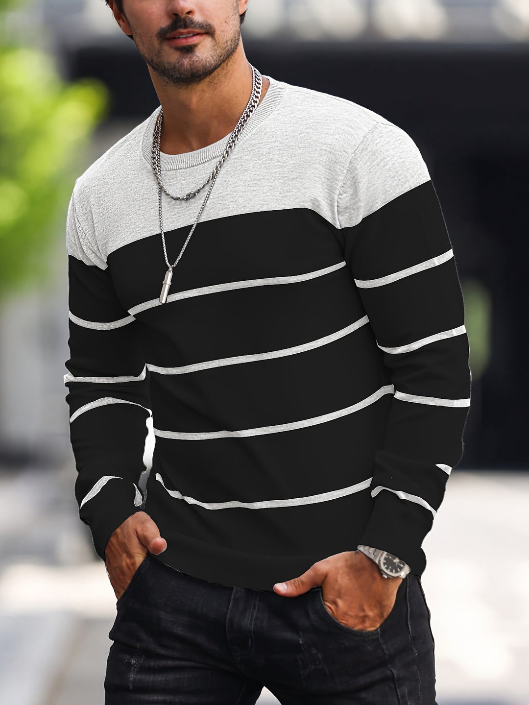 Michiel - Maglione Casual a Righe con Maniche Lunghe
