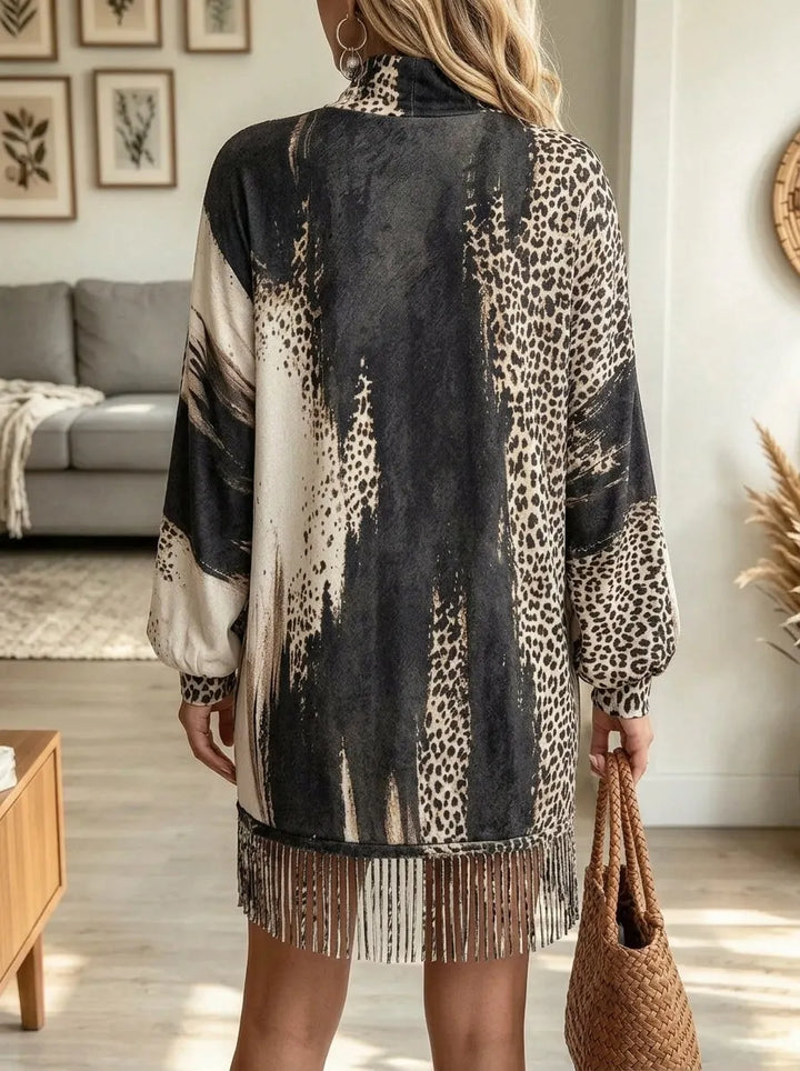 Jakisa – Abito Maglione Con Orlo Sfrangiato E Stampa Leopardata