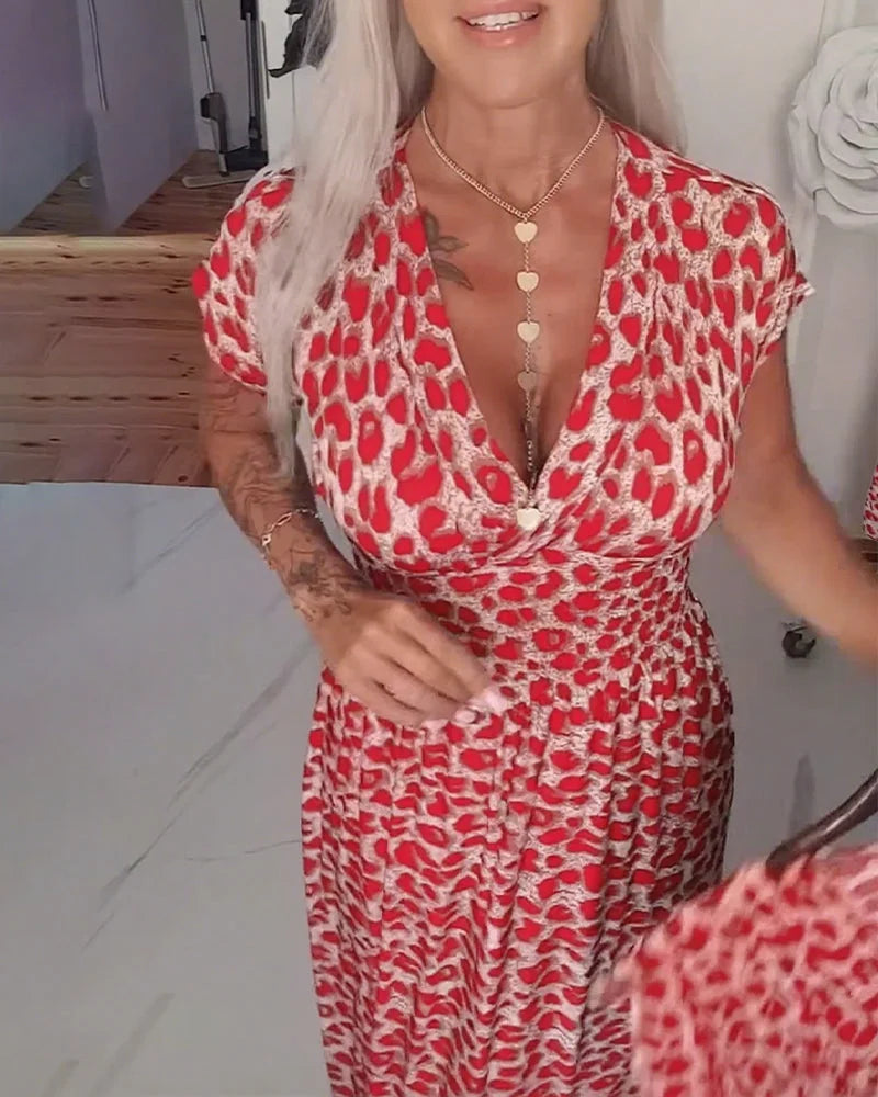 Erendira - Elegante Abito Con Scollo a V e Stampa Leopardata