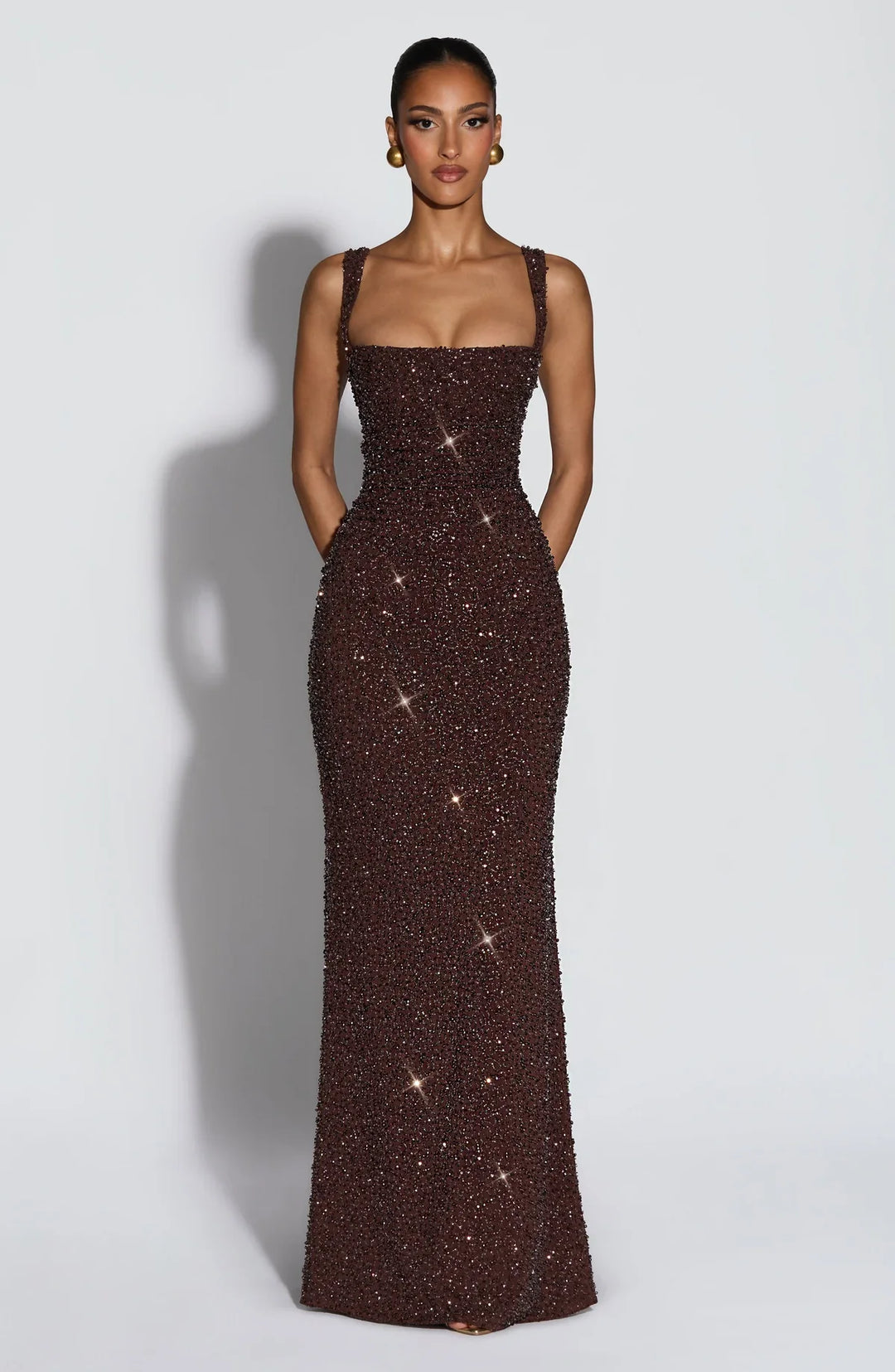 Rekina - Abito Lungo Con Scollo Quadrato e Paillettes