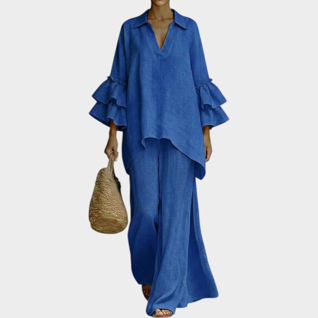 Fien - Elegante Top in Lino E Pantaloni Larghi a Gamba Ampia