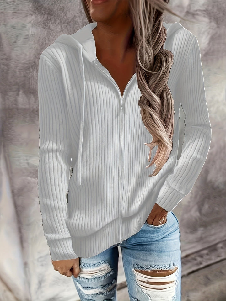 Bibigul - Loose Fit Long Sleeve Ribbed Hooded Cardigan