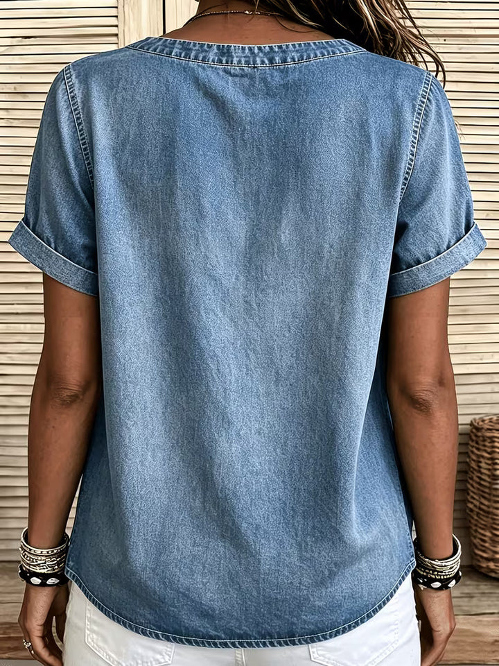 Ferina - Top in Denim a Maniche Corte Effetto Consumato