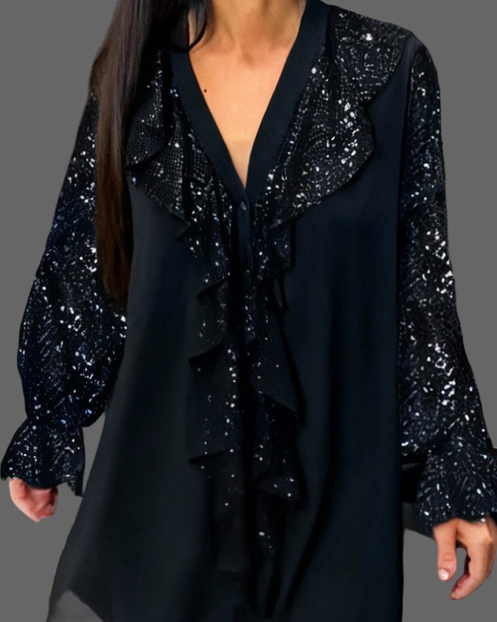 Moxie - Camicetta con Volant e Paillettes Scintillanti con Scollo a V