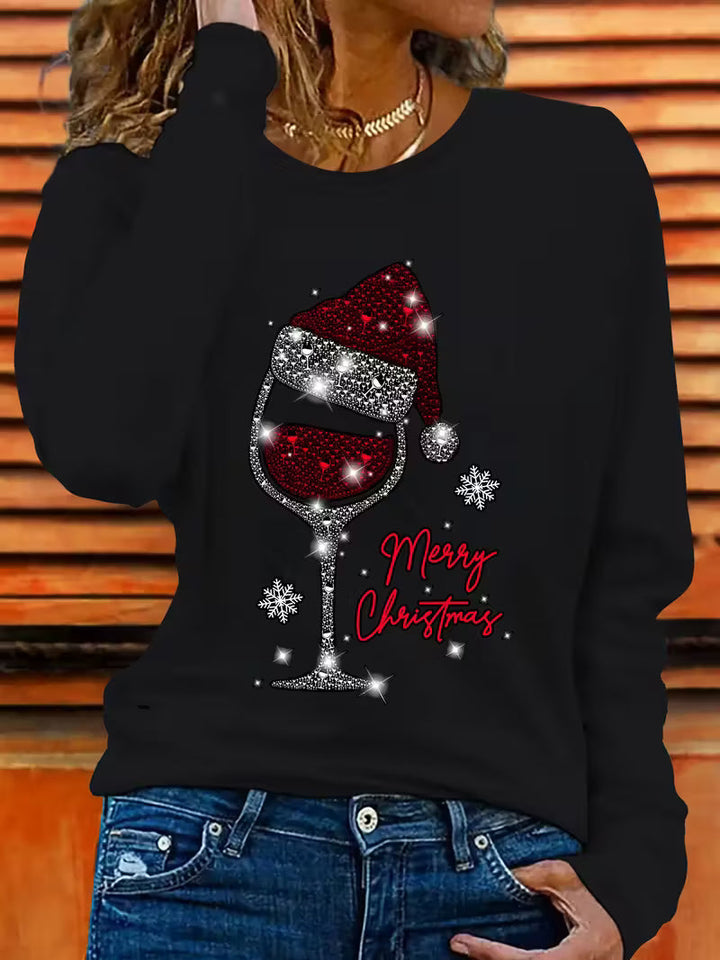Doreah - Maglione Con Stampa Bicchiere Di Vino Natalizio e Cappello Da Babbo Natale